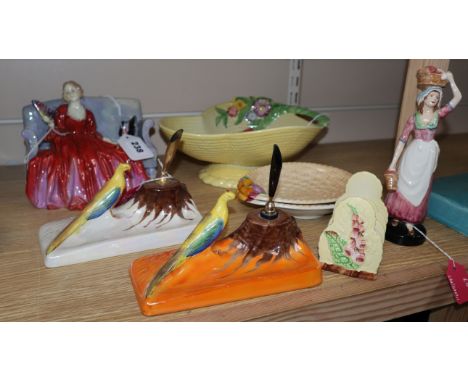 Two Carltonware pen holders, a Goldscheider figure, a Doulton figure etc (7)