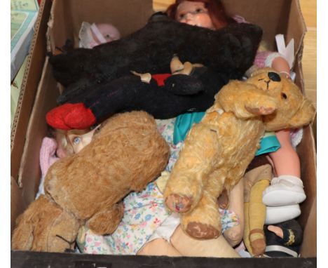 A collection of mid-20th century cloth, celluloid and plastic dolls, including small baby dolls by Pedigree, Emil Schwenk, J.