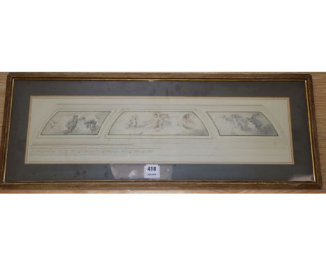 English School c.1900, pencil and watercolour, Study for three murals, 18 x 69cm