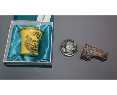 A miniature silver piano, a Persian enamelled box and a Bilston and Battersea enamel cup