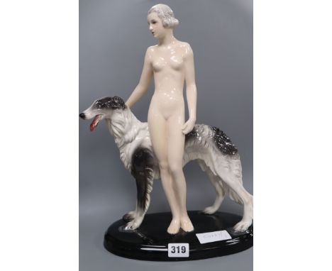 A large Goldscheider group of a nude woman with Borzoi, designed by Lorenzl restorations