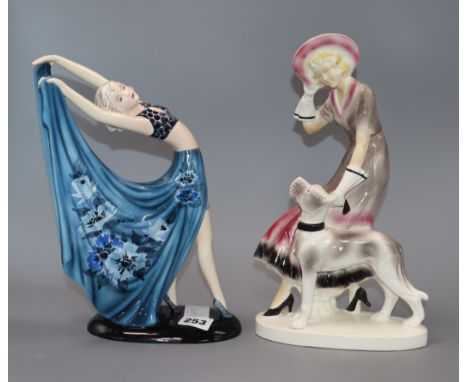 A Goldscheider figure of a dancer, designed by a Lorenzl and a German Art Deco pottery groups (2), repair
