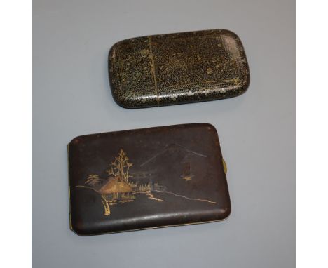 A Japanese gold and silver damascened iron cigarette case and a Middle Eastern enamel and metal inlay cheroot case