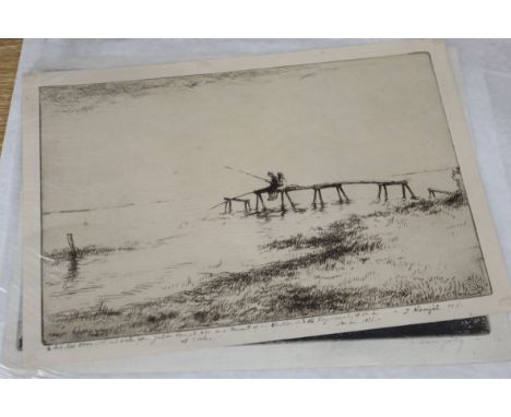 Julius Komjati, two etchings, Children fishing and Thatched cottage in a storm, one signed in pencil, one in the plate, 20 x 