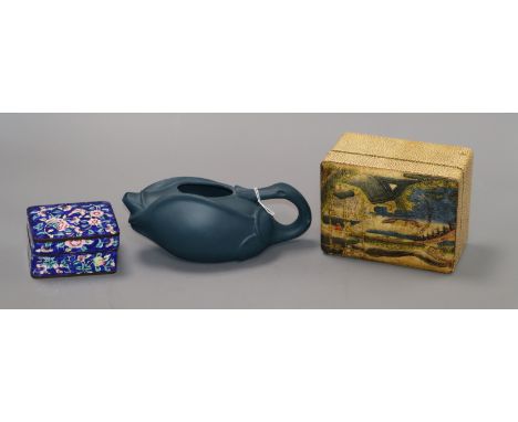 A Canton enamel box and a Yixing teapot with no cover and another box