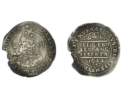 Charles I (1625-1649), Oxford mint, Sixpence, 1644, mm. book on obv. only, rev. from the Groat die, 2.32g/7h (Morr. A-1; SCBI