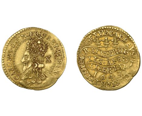 Charles I (1625-1649), Oxford mint, Double-Crown, 1643, no mm., tall bust extending to lower edge, Declaration on band, three