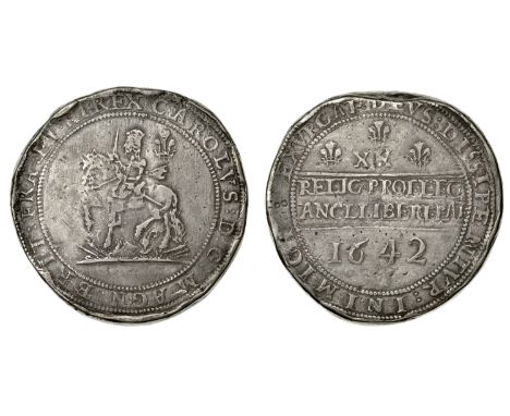 Charles I (1625-1649), Shrewsbury mint, Pound, 1642, no mm., small horseman trampling on pile of arms, plume behind, mark of 