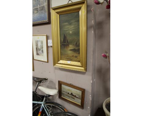 A VINTAGE GILT FRAMED MOONLIT SEASCAPE SIGNED A BROOME TOGETHER WITH AN OIL ON PANEL DEPICTING A BUILDING
