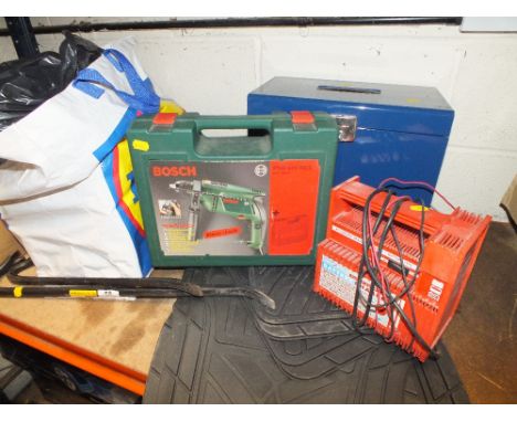 A CASED BOSCH DRILL, METAL FILING BOX, CAR MATS, BAG OF ELECTRICALS, TOOLS ETC