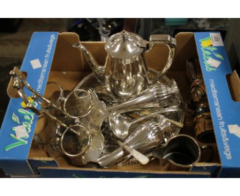 A TRAY OF SILVER PLATED WARE 