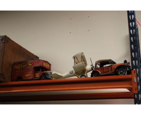THREE MODERN TINPLATE VEHICLES TO INCLUDE KEMPS BISCUITS TRUNK, AEROPLANE AND CAR