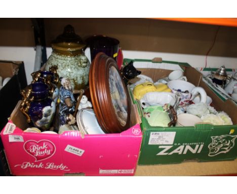 TWO TRAYS OF ASSORTED CERAMICS TO INCLUDE SYLVAC ANIMALS, ORIENTAL FIGURES ETC