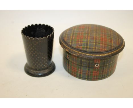 VINTAGE TARTAN WARE STRING BOX TOGETHER WITH PAPIER MACHE SPILL HOLDER