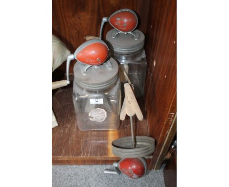 THREE VINTAGE BLOW BUTTER CHURNS 