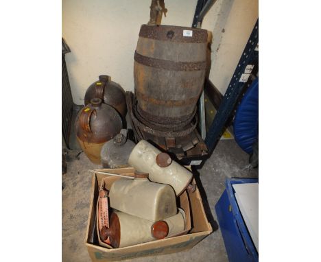 THREE LARGE STONEWARE BOTTLES PLUS HOT WATER BOTTLES & A VINTAGE SYMONS & CO CASK ETC