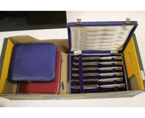 CASED SET OF SILVER HANDLED KNIVES ETC 