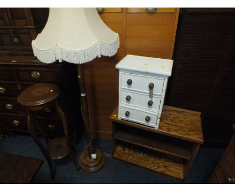 AN OAK STANDARD LAMP, JARDINIERE STAND, BOOKSHELF & PAINTED CHEST (4)