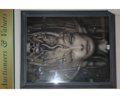 H. R. GIGER (1940-2014).  A surrealist portrait of a female queen alien figure 'Li II', artist signed dedication verso, print