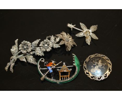 FIVE VINTAGE SILVER BROOCHES