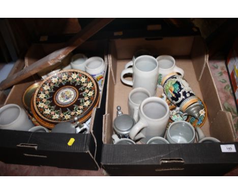 TWO TRAYS OF CERAMIC BEER STEINS ETC 