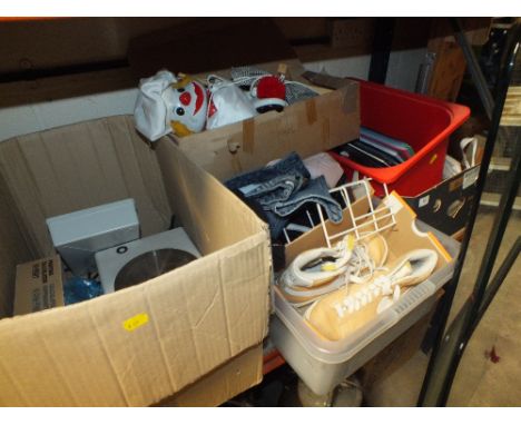 FOUR BOXES OF ODDS TO INC STATIONARY ETC PLUS A CHEF CLOWN PUPPET, CHILDRENS SHOES AND CLOTHES ETC