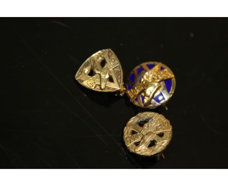 THREE GOODYEAR PIN BADGES - 9CT GOLD GOODYEAR BADGE, SILVER EXAMPLE & ONE OTHER (3)