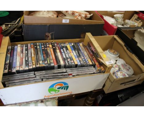 A BOX OF DVDS AND CDS TOGETHER WITH A SMALL BOX OF CERAMIC TRINKET POTS ETC. 