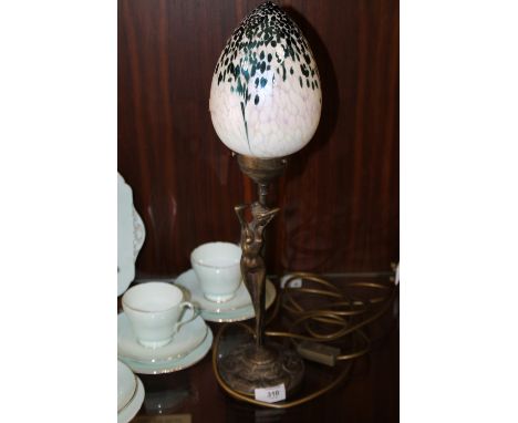 AN ART DECO STYLE MAST METAL LAMP FEATURING NUDE FEMALE WITH GLASS SHADE 