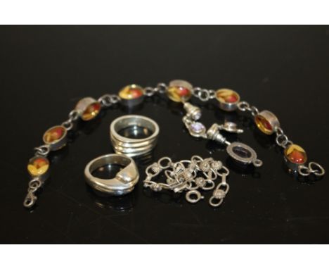TWO SILVER BRACELETS, TWO SILVER RINGS ETC
