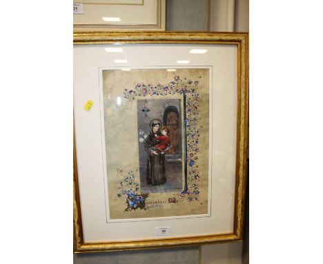 A FRAMED AND GLAZED ANTIQUE FULL LENGTH PORTRAIT OF A MAN AND CHILD WITH GOLD LEAF DETAIL ENTITLED REMINICE ME 