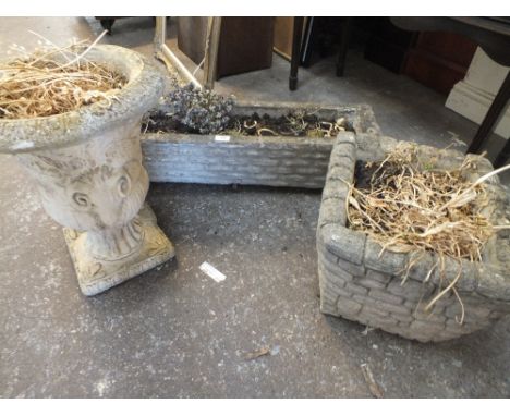 TWO STONE GARDEN PLANTERS PLUS A PLANTER WITH RAM HEAD DETAIL (3)