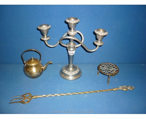 A brass toasting fork, plated candelabra, etc.