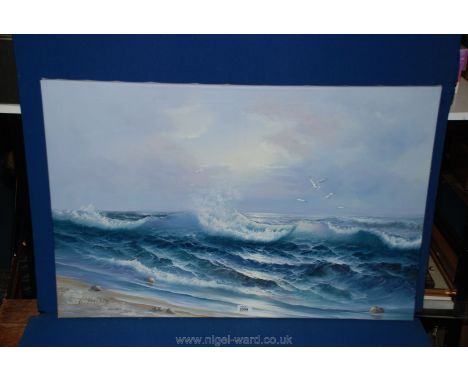 A large Oil Painting of coastal scene, R. Poulsen