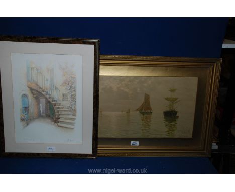 A Seascape with boats, indistinctly signed lower right and a Print entitled Veccdio Contiler by M. Marten