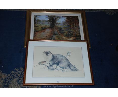 A framed and mounted Print of an otter by Joel Kirk, along with a framed Ron Beaton country landscape.