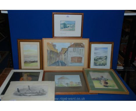 A qty of framed watercolours to include "Tranquility" by Monica Bond, "Herisson" by Monica Bond," Calder Valley" by Virginia 