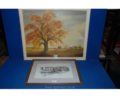 A black and white Print of Chepstow Castle and a colourful Print of tree in autumn landscape