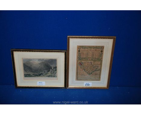 A 19th c. Print of Scawfell Pikes from Sty Head 1835 Cumberland, along with a small coloured Print/map - The Road to Holyhead