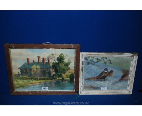 A K. Whiting Oil on board depicting pheasants in the snow along with a Chris Meadows Watercolour with country house, chickens