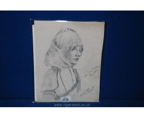 A Graphite Sketch after Lucas Cranach Portrait of Lady in headscarf, signed and dated, Munich 1909, Vivian Evans, done on Can
