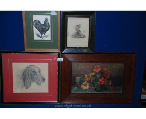 A 19th c. Print (circa 1885) 'The Langshan Cock', an early 19th c. coloured print 'Chairs to Mend', a pencil sketch of a dog'