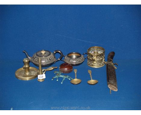 A small quantity of brass and metal items including candlestand, chamberstick, spoons, teapot and sucrier, etc.