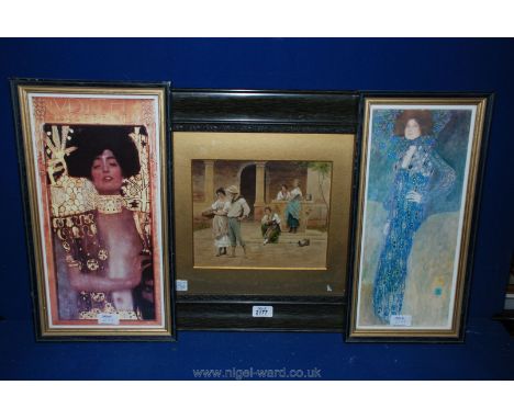 Two framed Prints and hand coloured Print of water carrier