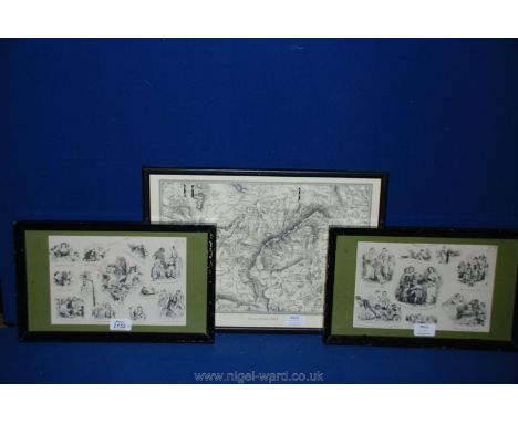 A pair of black painted framed character Prints entitled 'Family Pet's' No. 2 and No. 7 and a Print of a map depicting Orcop,