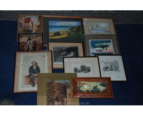 A quantity of prints to include Spy prints, old photographs, Salem, Anne Craft street scene print, W.R. Smith engraving of Tu
