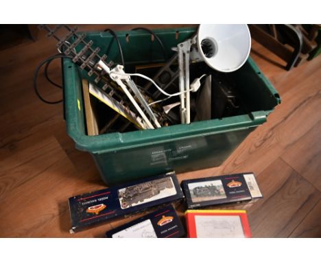 A box of Anglepoise lamp, model locomotive boxes, spirit level and other items (cassette player withdrawn)