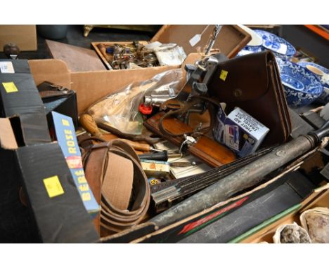 A box of leather wear, a Brownie junior camera and other vintage items 