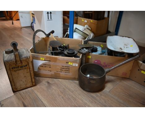 Two boxes of vintage scales, paraffin can, and other metalware 