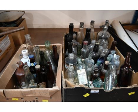Two boxes of vintage glass and stoneware bottles 